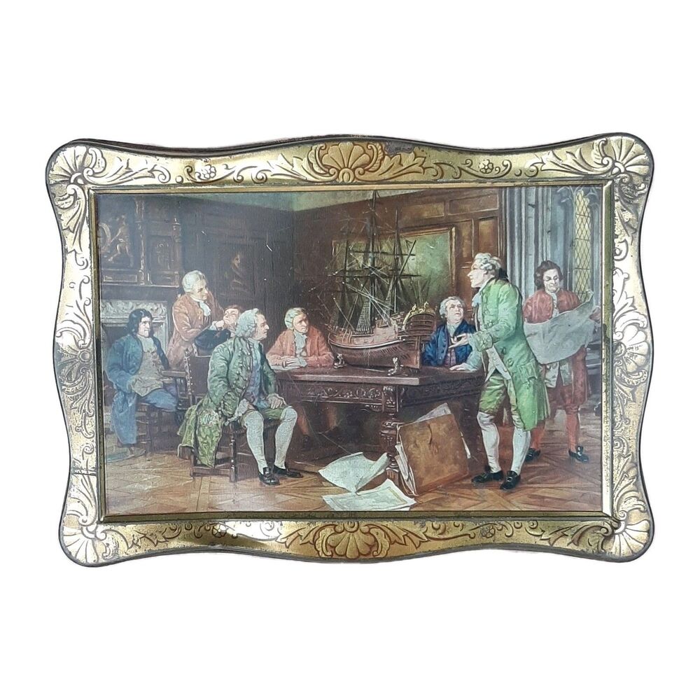 Vintage Patria Biscuit Tin Decorative Metal Box Dutch Scene Gold